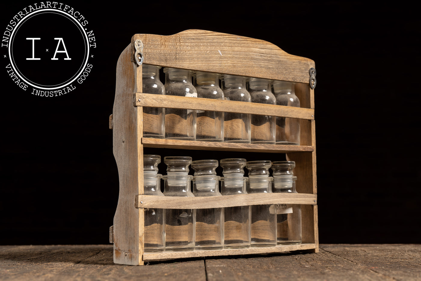 Early Apothecary Bottle Rack with Twelve Glass Stoppered Vials