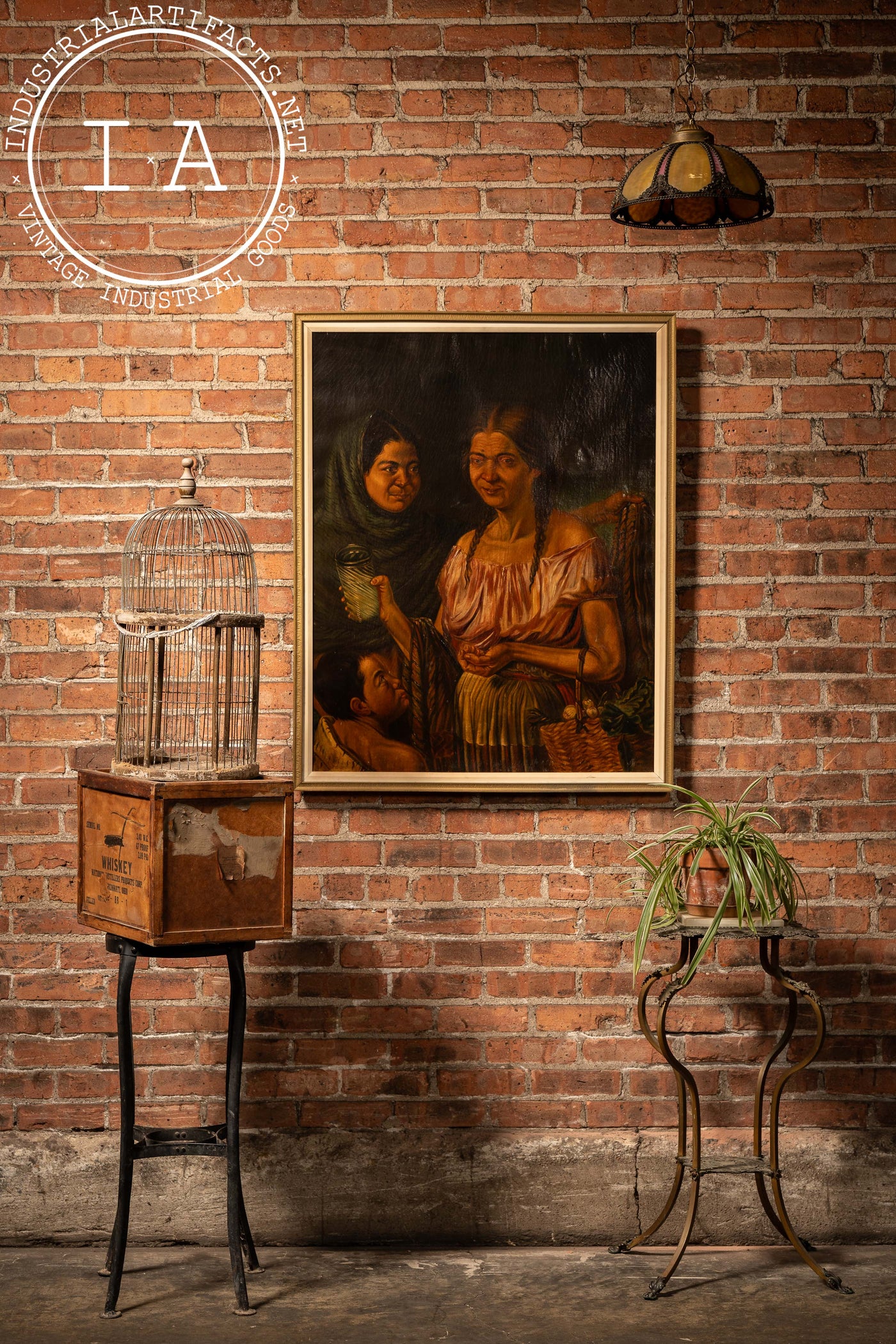 Two Women and Child | Framed Mexican Oil Painting