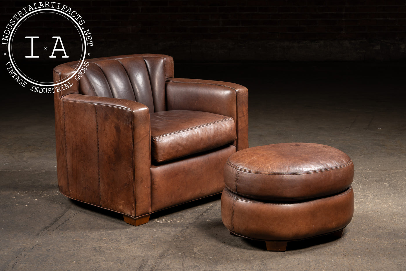 Vintage Leather Clamshell Club Chair and Ottoman Set