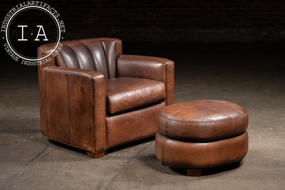 Vintage Leather Clamshell Club Chair and Ottoman Set