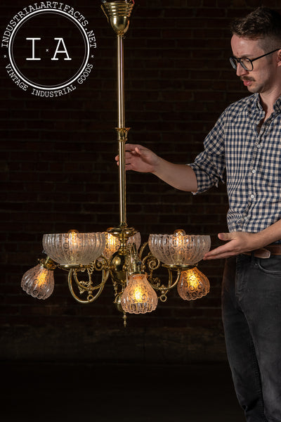 Vintage Brass Chandelier with Etched Glass Shades