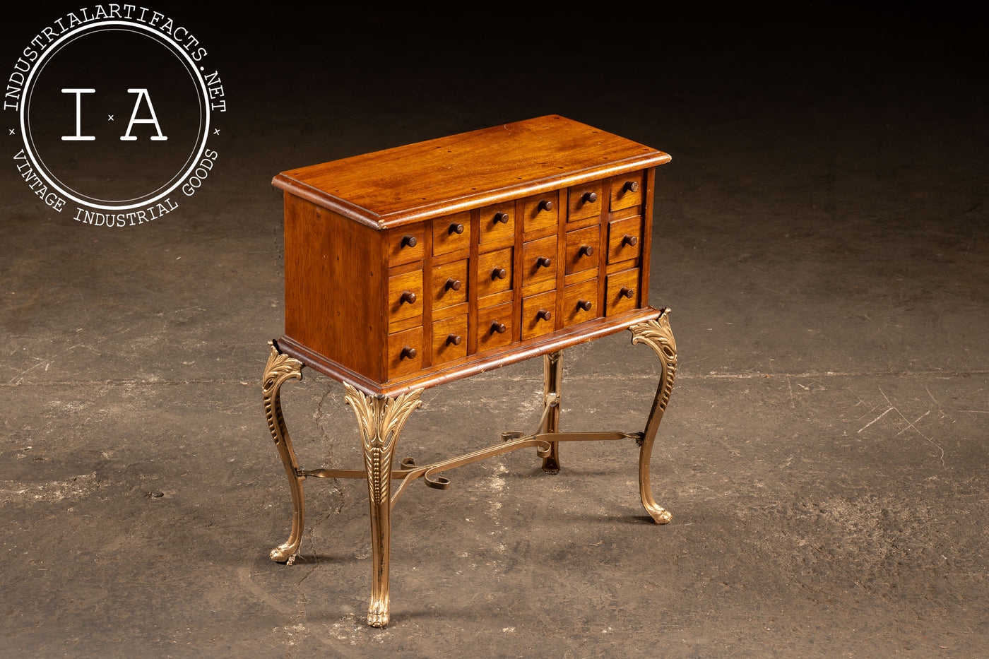 Early 20th Century 18-Drawer Apothecary Cabinet on Cabriole Brass Stand