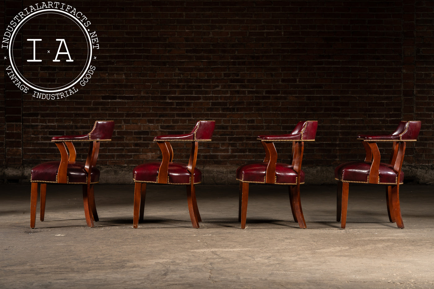 Set Of Four Nailhead Trim Barrel-Back Leather Armchairs in Oxblood