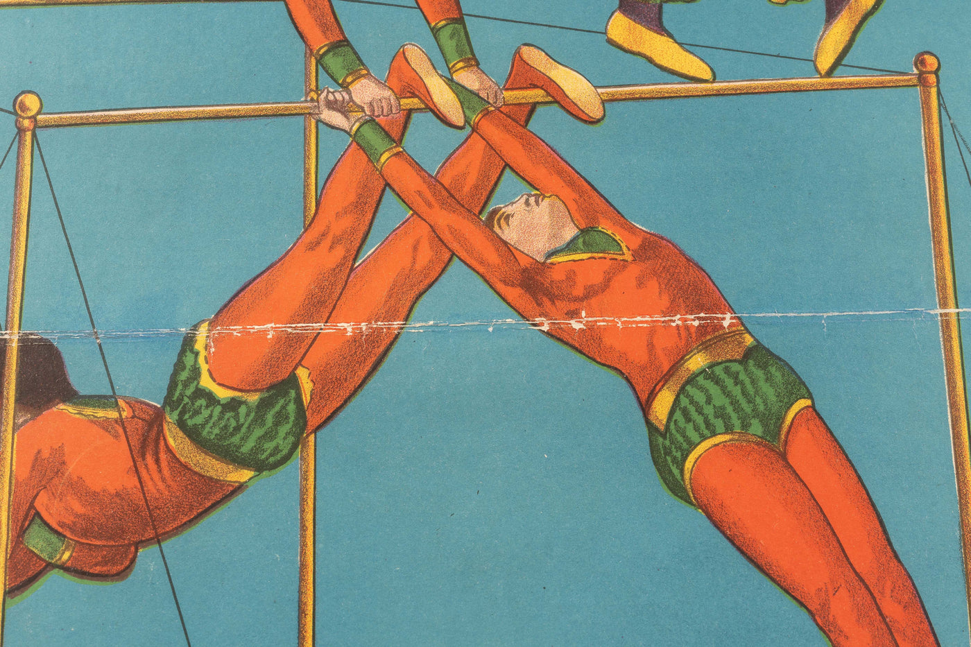 c. 1930 Acrobats on a Highwire Lithographic Print Framed