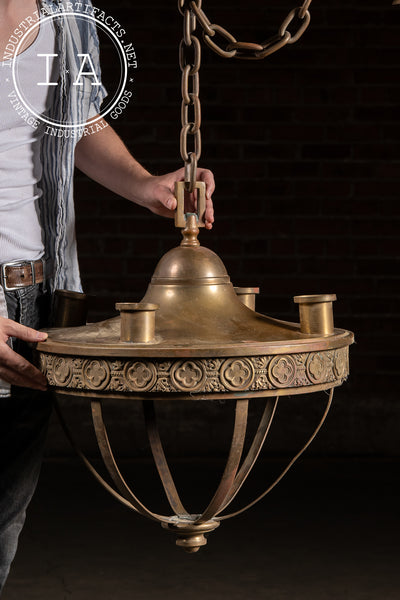 Large Early 20th Century Gothic Revival Hanging Brass Fixture