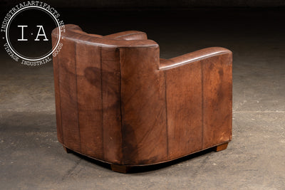Vintage Leather Clamshell Club Chair and Ottoman Set
