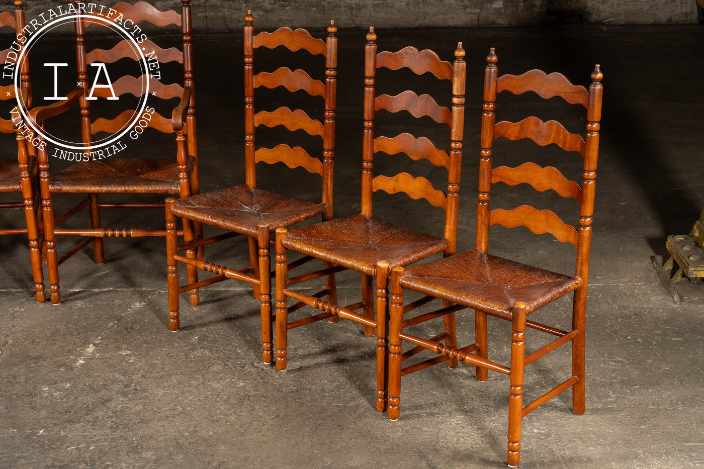 Set Of Seven Mid-Century French Country Ladder Back Chairs with Rush Seats