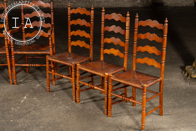 Set Of Seven Mid-Century French Country Ladder Back Chairs with Rush Seats