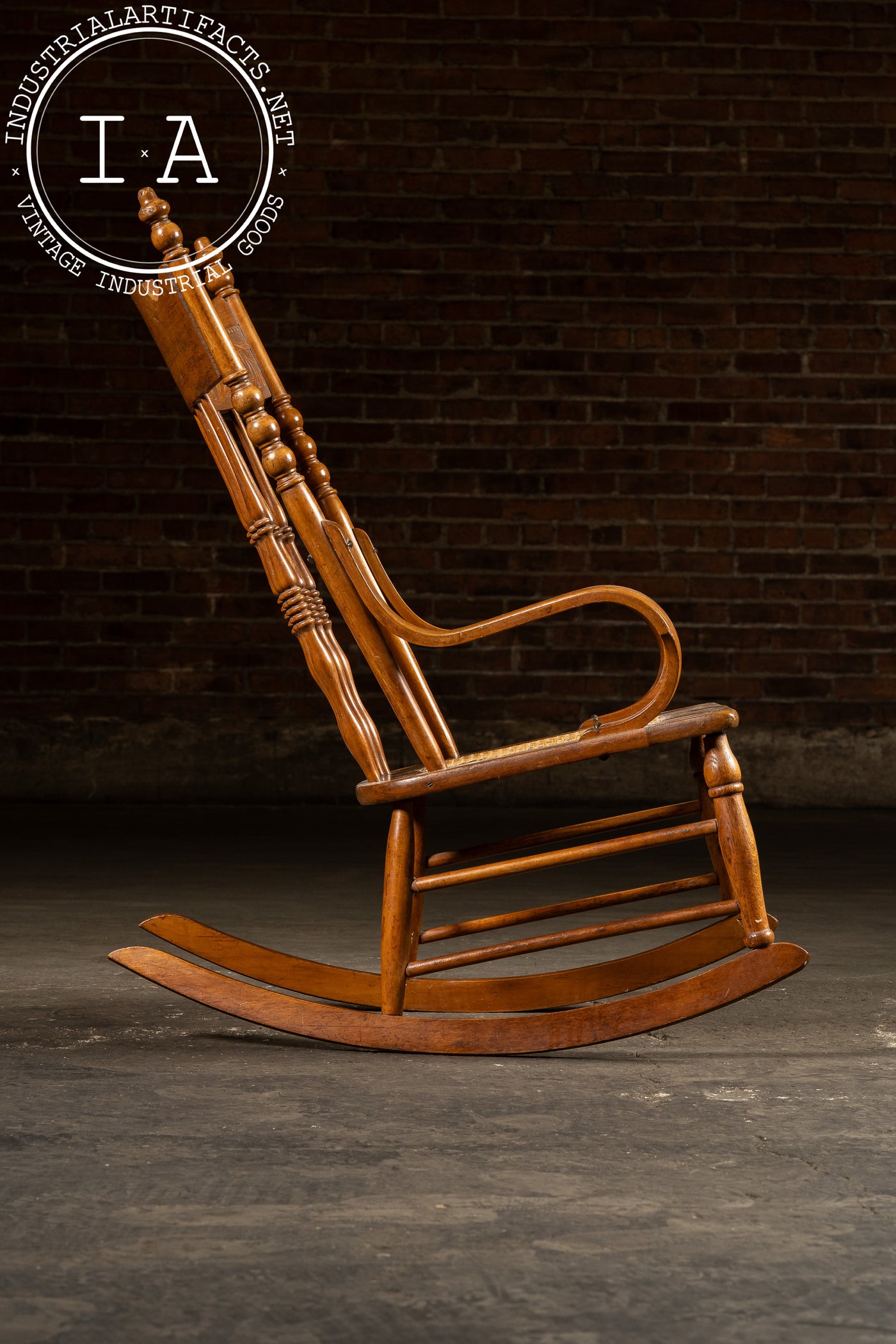 Antique Victorian Press-Back Oak Rocking Chair with Cane Seat