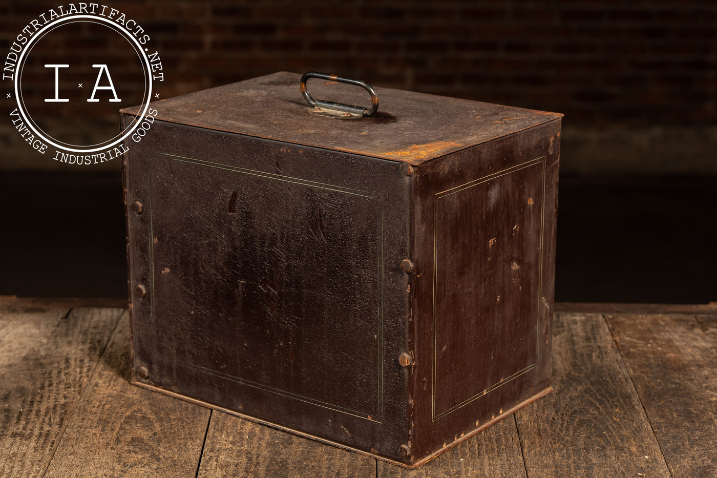Antique 3-Drawer Heavy Riveted Steel Strongbox with Japanned Handles