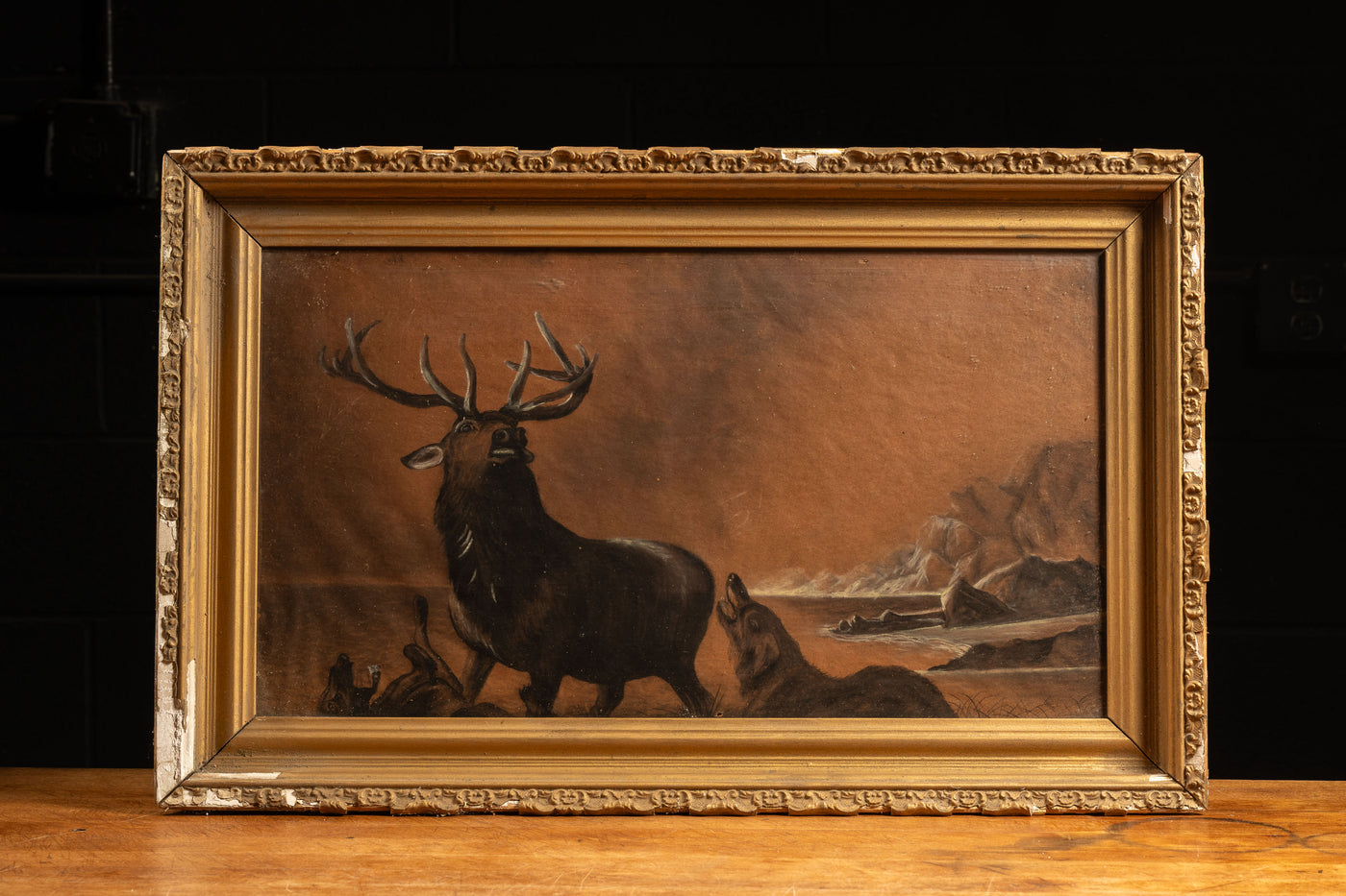 Antique Framed Stag with Wolves Painting