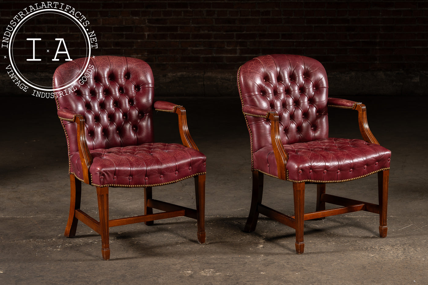 Pair of Tufted Leather Round-Back Dining Chairs in Burgundy