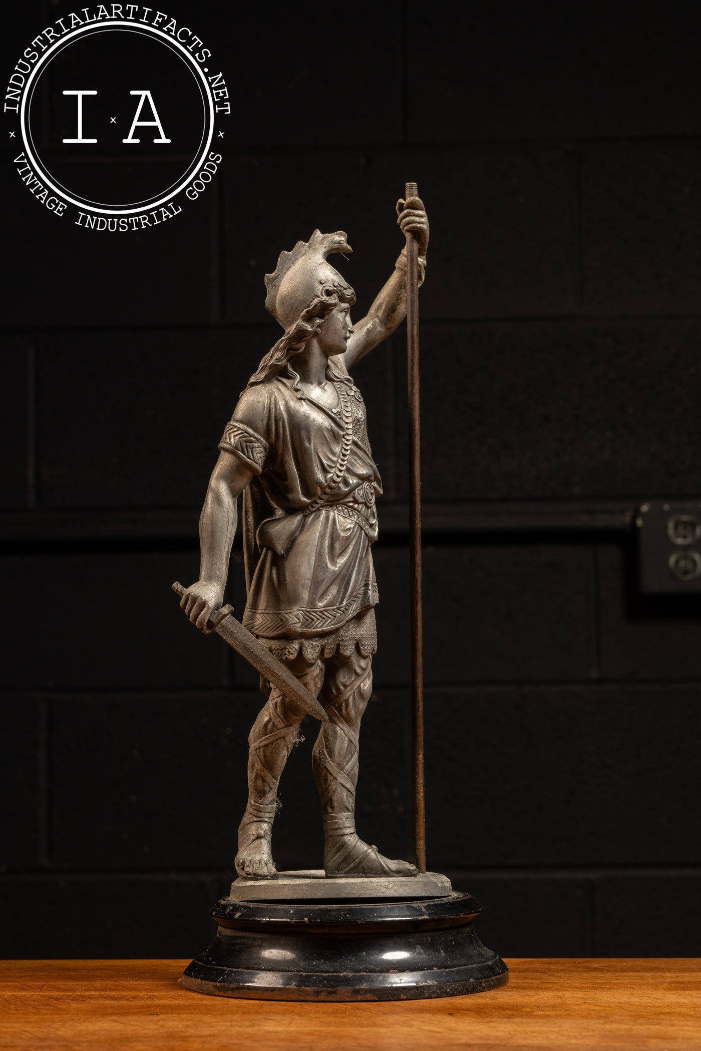 Vintage Cast Pewter Neo-Grecian Statue - Man With Staff and Sword