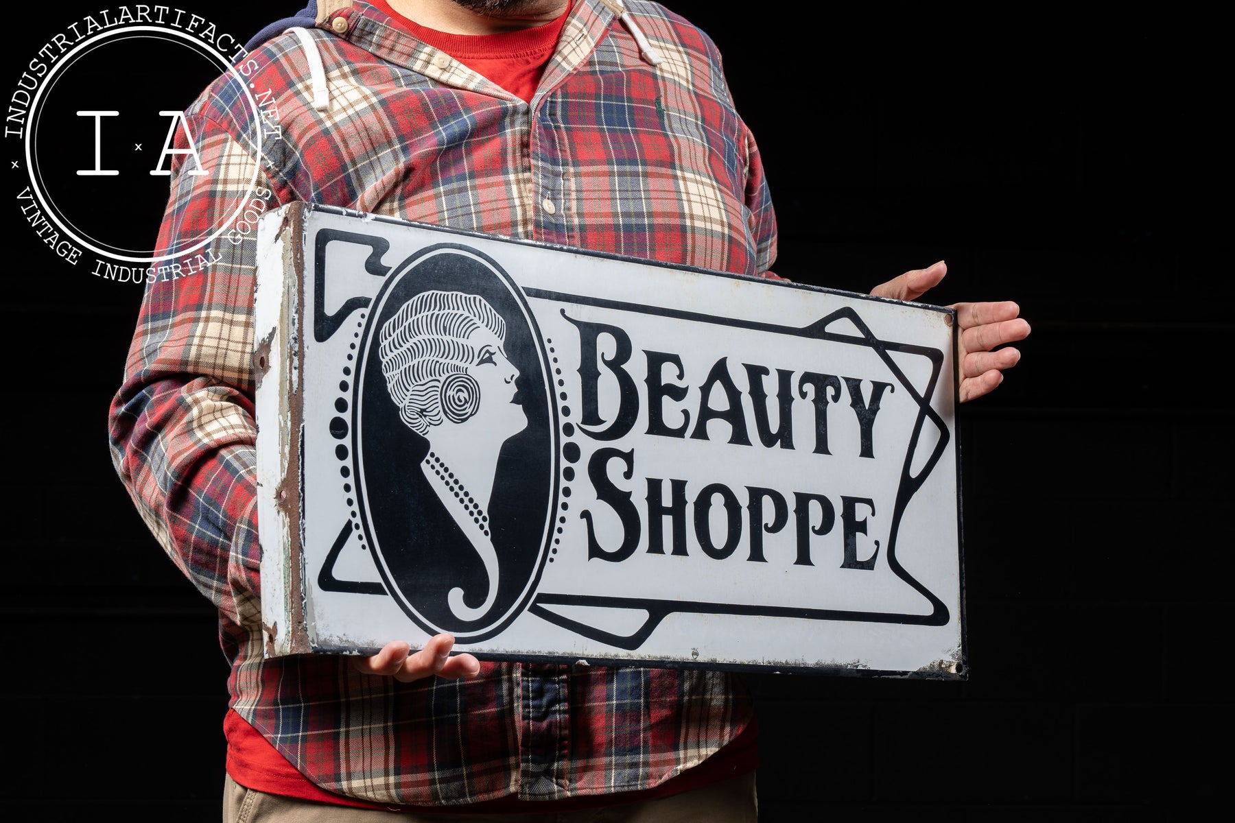 Antique Double-Sided Porcelain Beauty Shoppe Sign – Industrial Artifacts