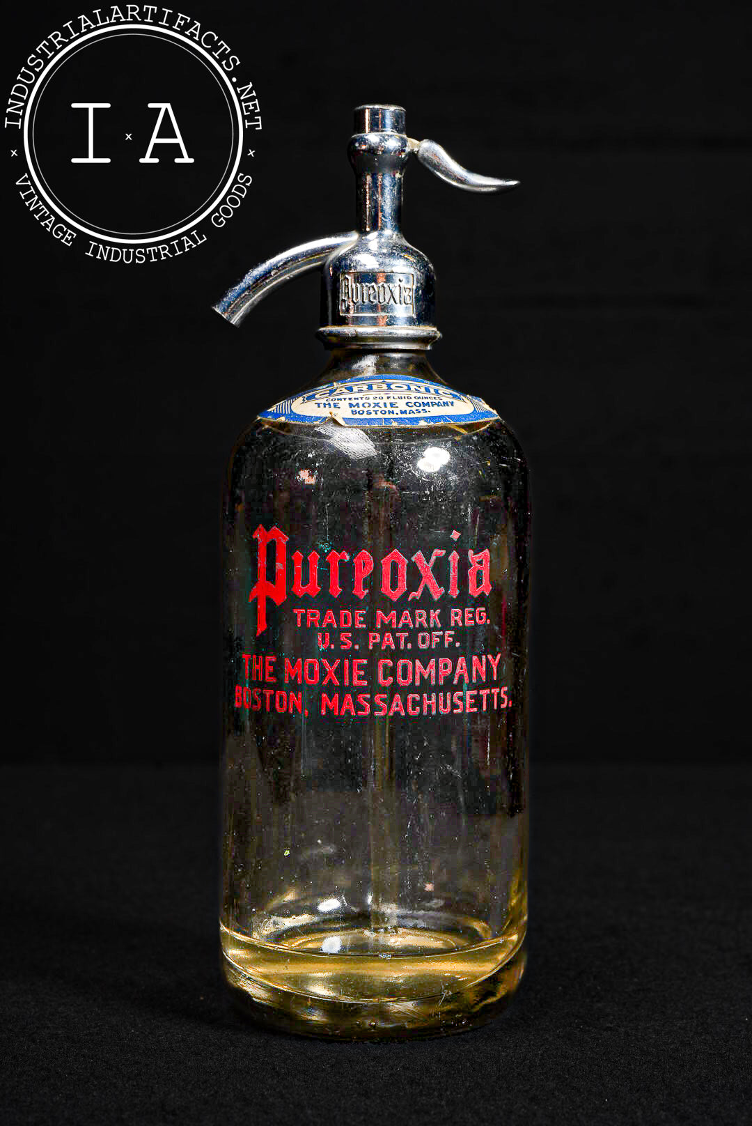 Vintage Pureoxia Soda Siphon Bottle by Moxie Company