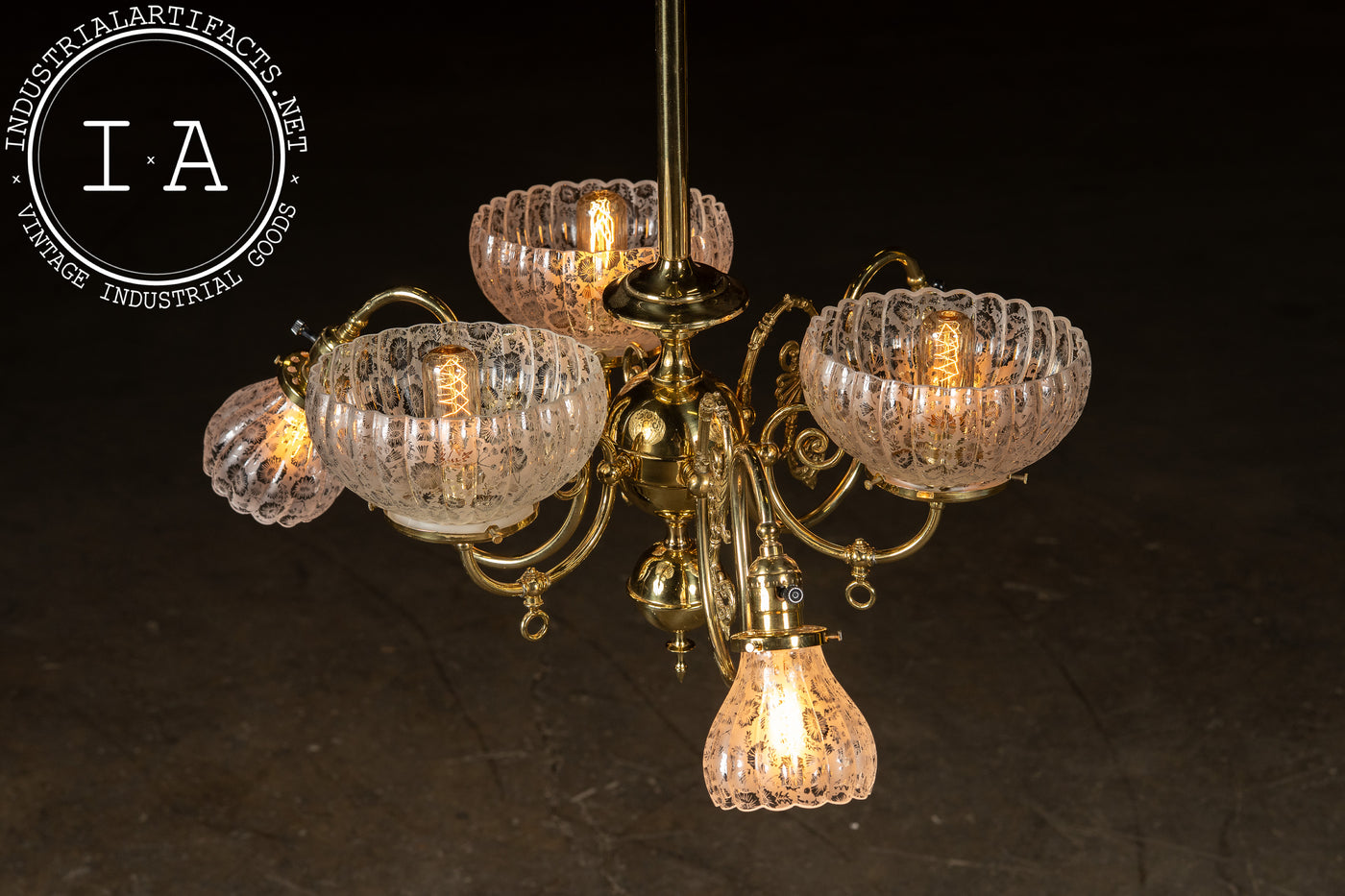 Vintage Brass Chandelier with Etched Glass Shades