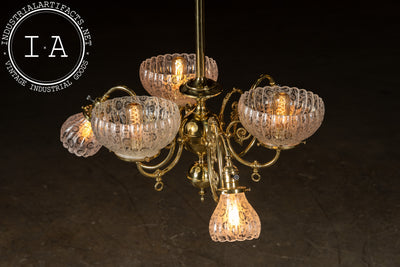 Vintage Brass Chandelier with Etched Glass Shades