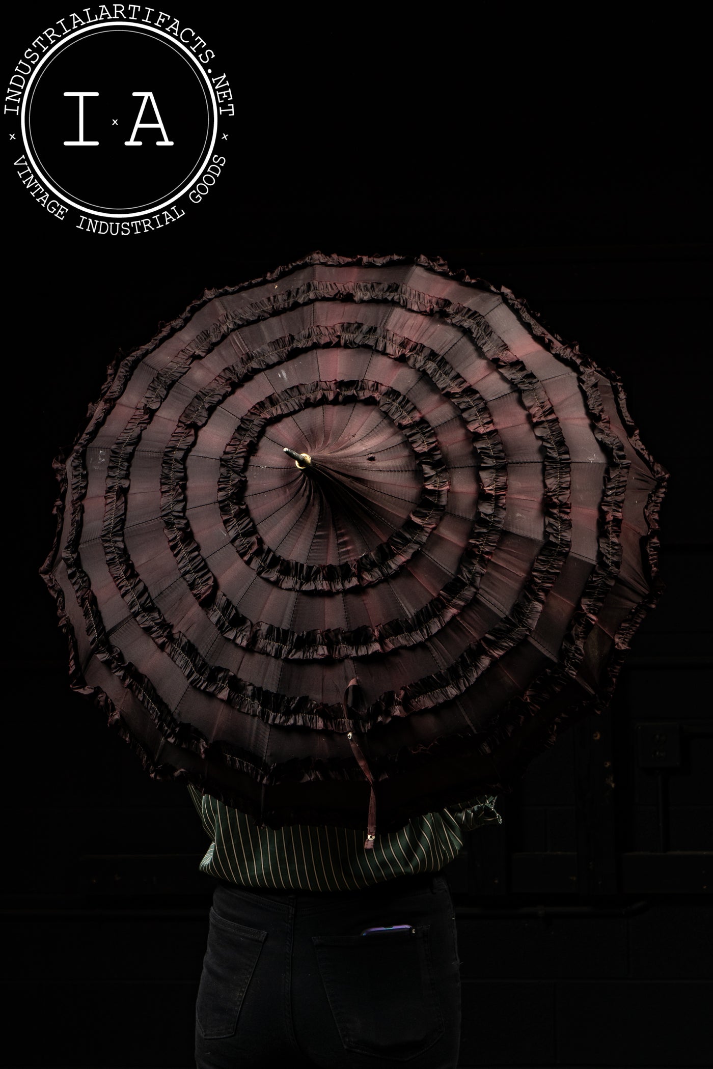 Early 20th Century Ruffled Maroon Silk Parasol