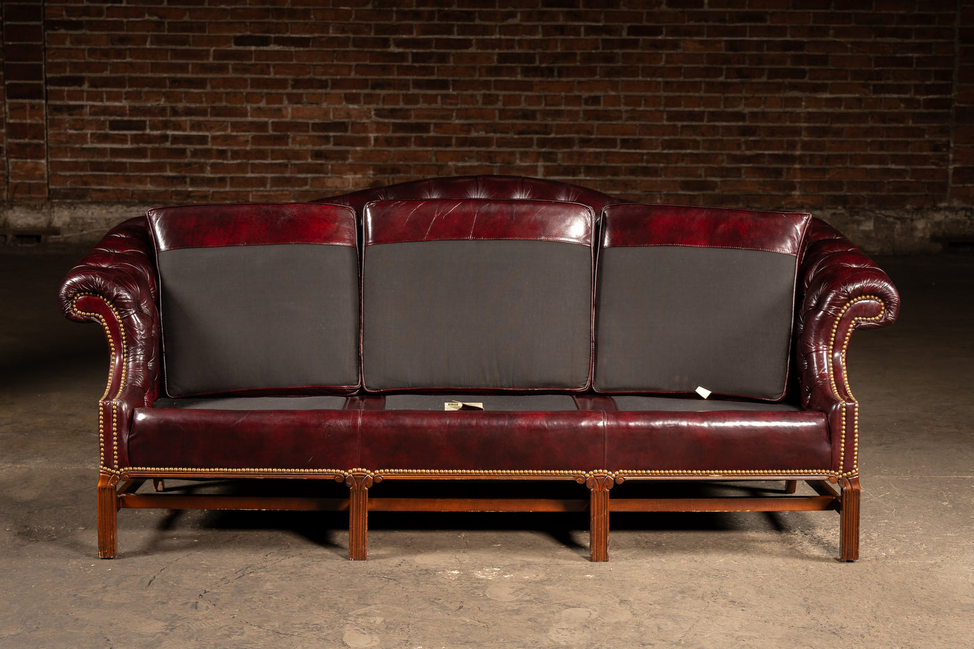 Vintage Chippendale-Style Camelback Chesterfield Leather Sofa in Oxblood