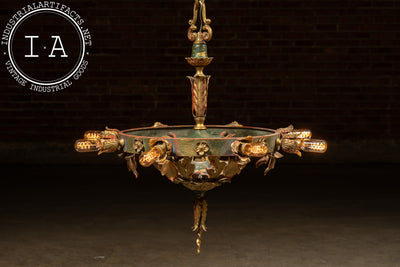 Mediterranean Revival Wrought Iron and Tole Circular Chandelier