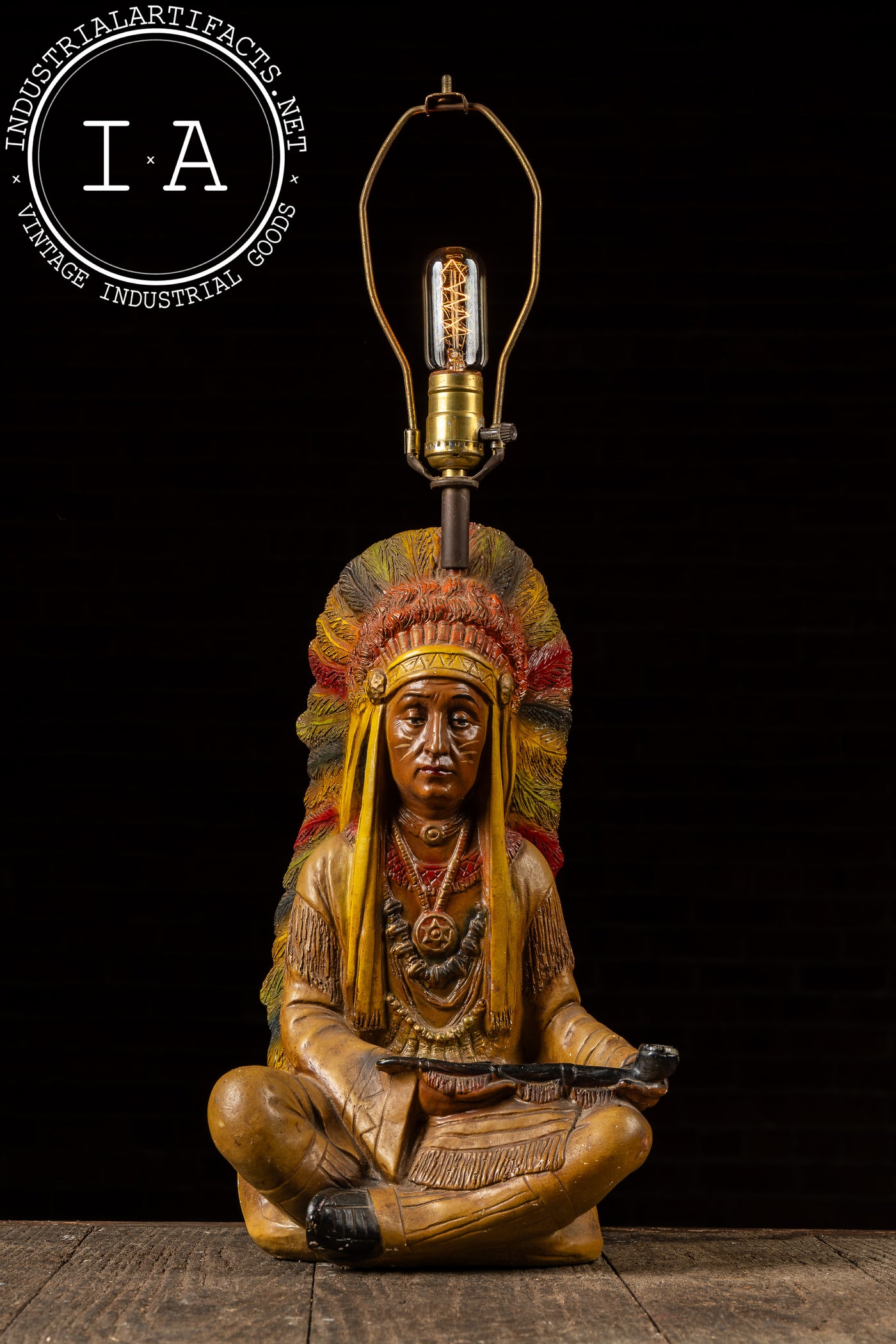 Vintage Chalkware Native American Peace Pipe Lamp Base
