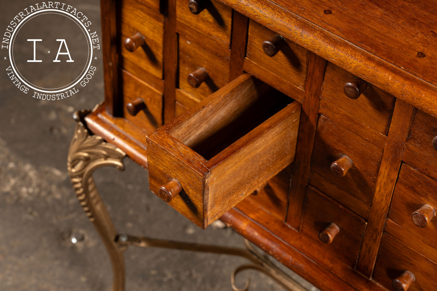 Early 20th Century 18-Drawer Apothecary Cabinet on Cabriole Brass Stand