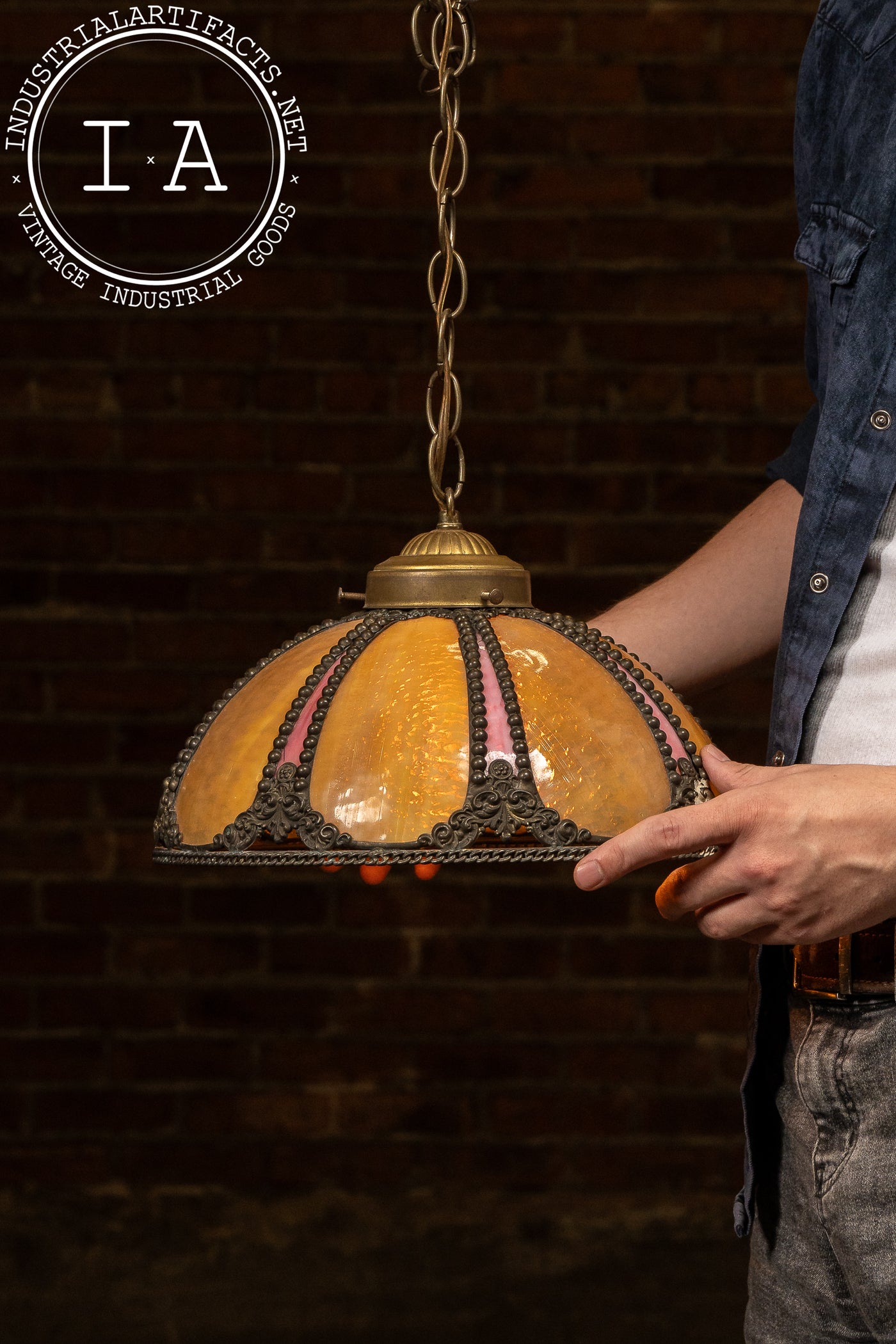 Antique Amber and Rose Stained Slag Glass Hanging Lamp