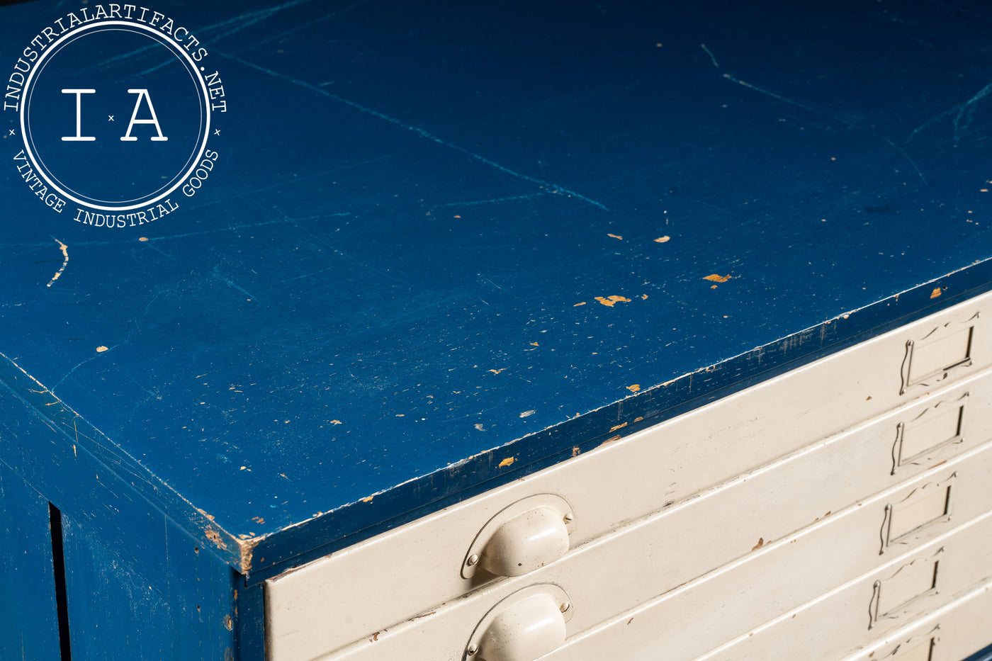 Antique Painted Oak Flat File Cabinet in Blue