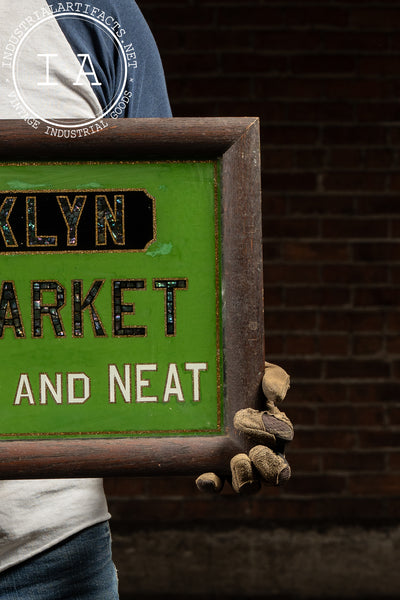 Early 20th Century Reverse-Painted Brooklyn Meat-Market Scalloped Glass Sign