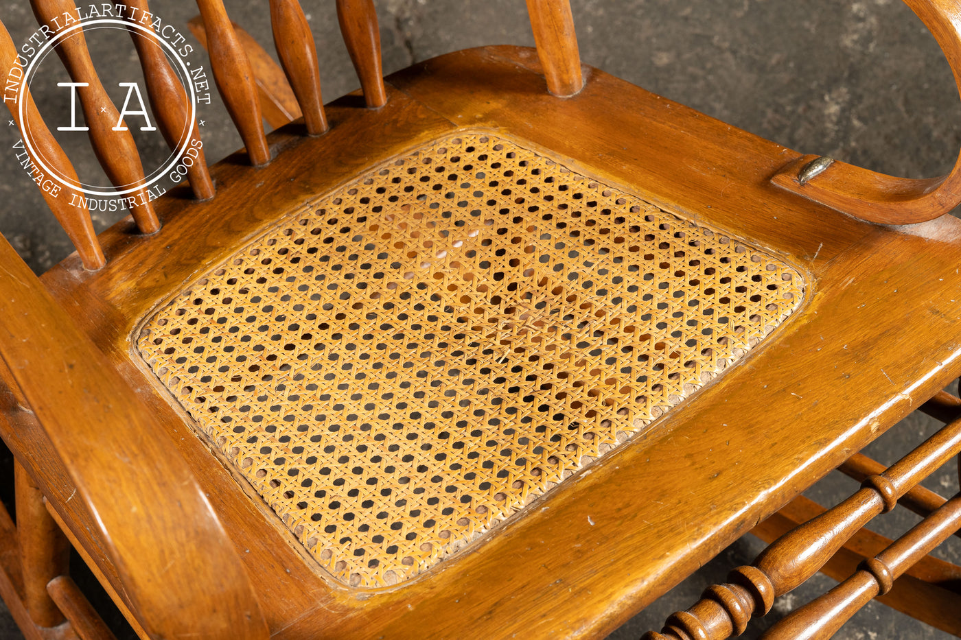 Antique Victorian Press-Back Oak Rocking Chair with Cane Seat