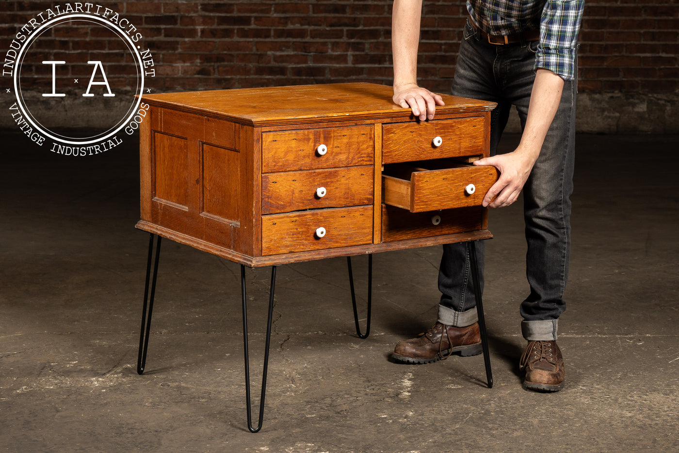 Vintage Quarter-Sawn Oak Six Drawer Cabinet on Hairpin Legs