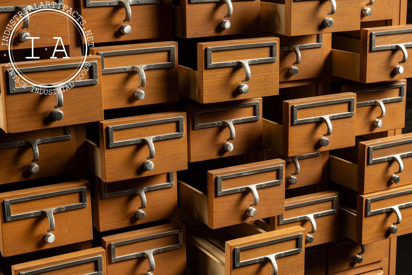 Vintage 72 Drawer Oak Library Card Catalog Cabinet with Writing Surfaces