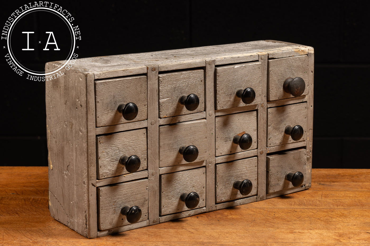 Vintage Handmade Wooden Parts Cabinet In Grey