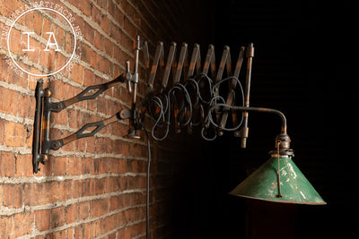 Antique Japanned Copper Scissor Arm Wall Lamp with Mirrored Art Nouveau Shade
