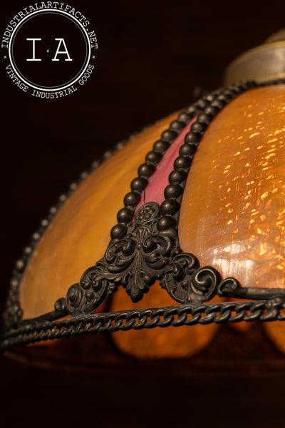 Antique Amber and Rose Stained Slag Glass Hanging Lamp