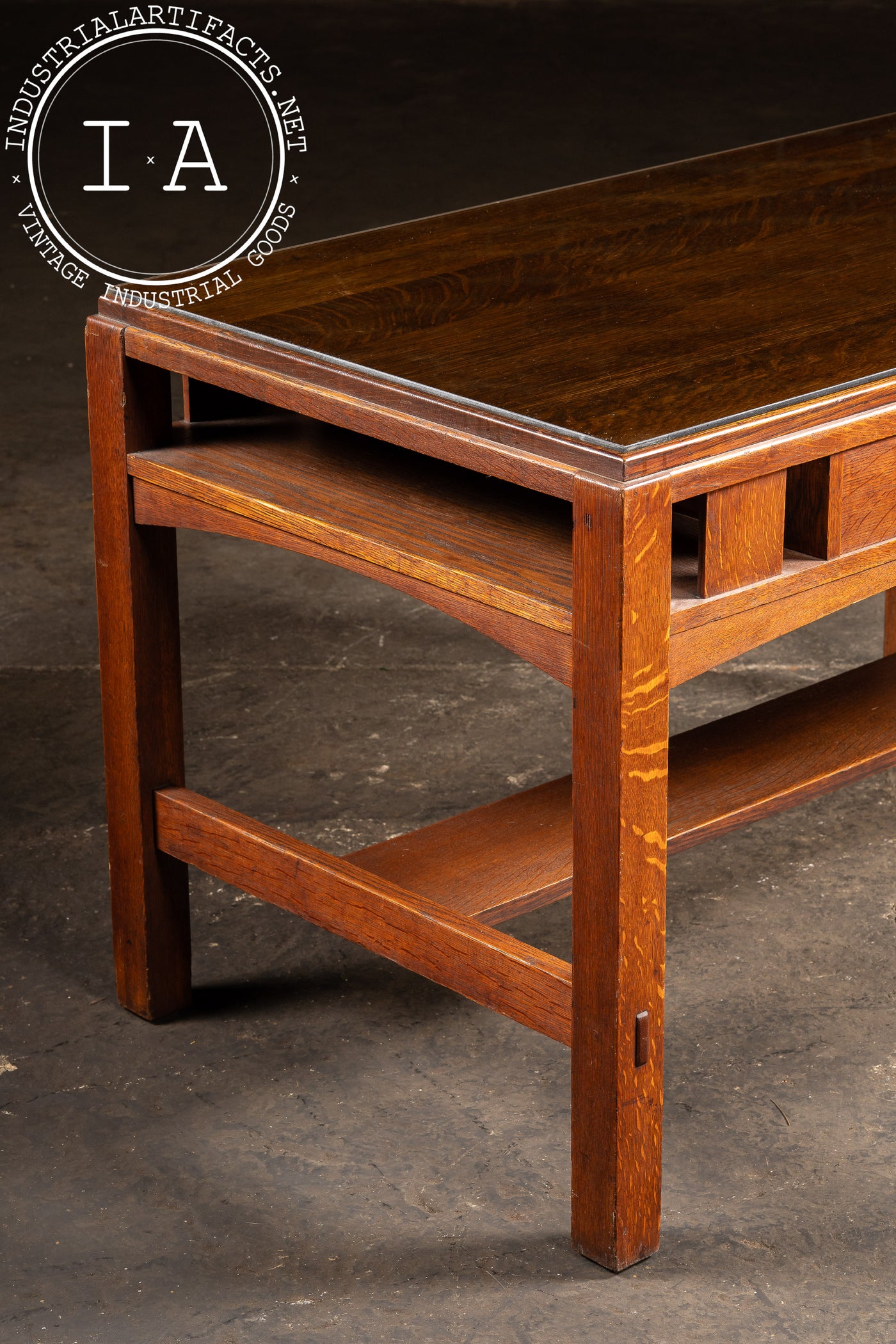 Early 20th Arts & Crafts Oak Library Table with Glass Top by Limbert