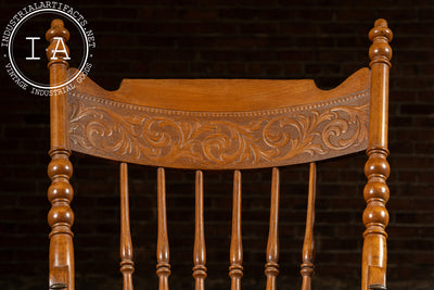 Antique Victorian Press-Back Oak Rocking Chair with Cane Seat