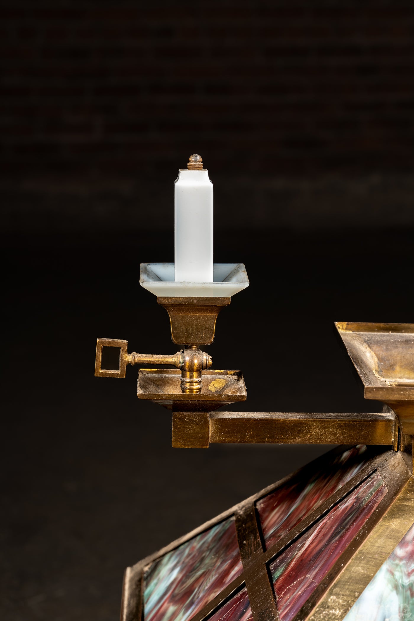 Antique Arts & Crafts Slag Glass Parlor Lamp with Keyed Sconces