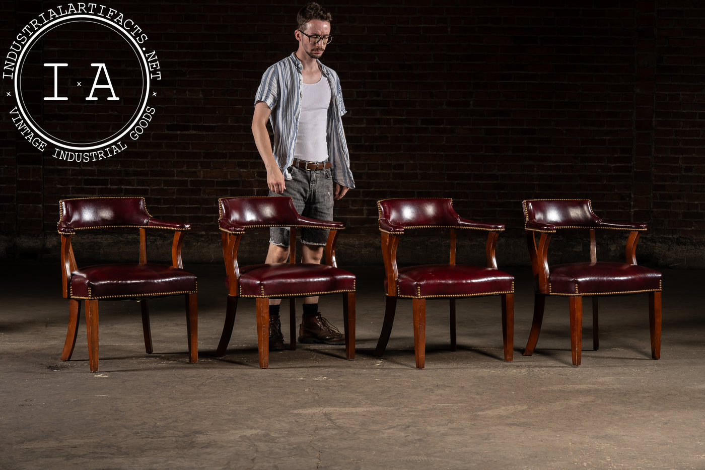 Set Of Four Nailhead Trim Barrel-Back Leather Armchairs in Oxblood