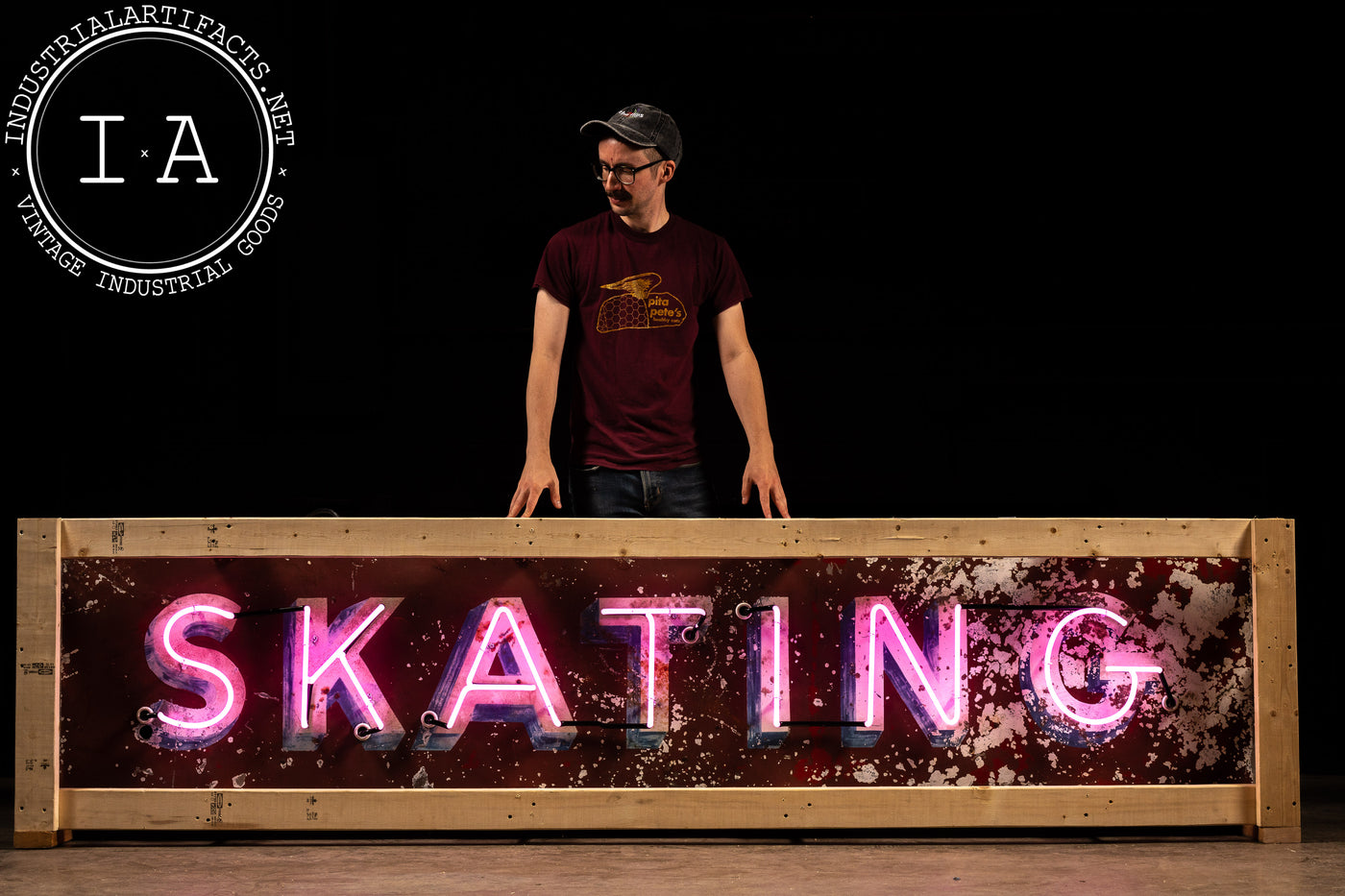 Vintage "Skating" Painted Tin Neon Sign