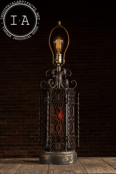 Vintage Spanish Revival Wrought Iron Table Lamp with Mica Shade Panels