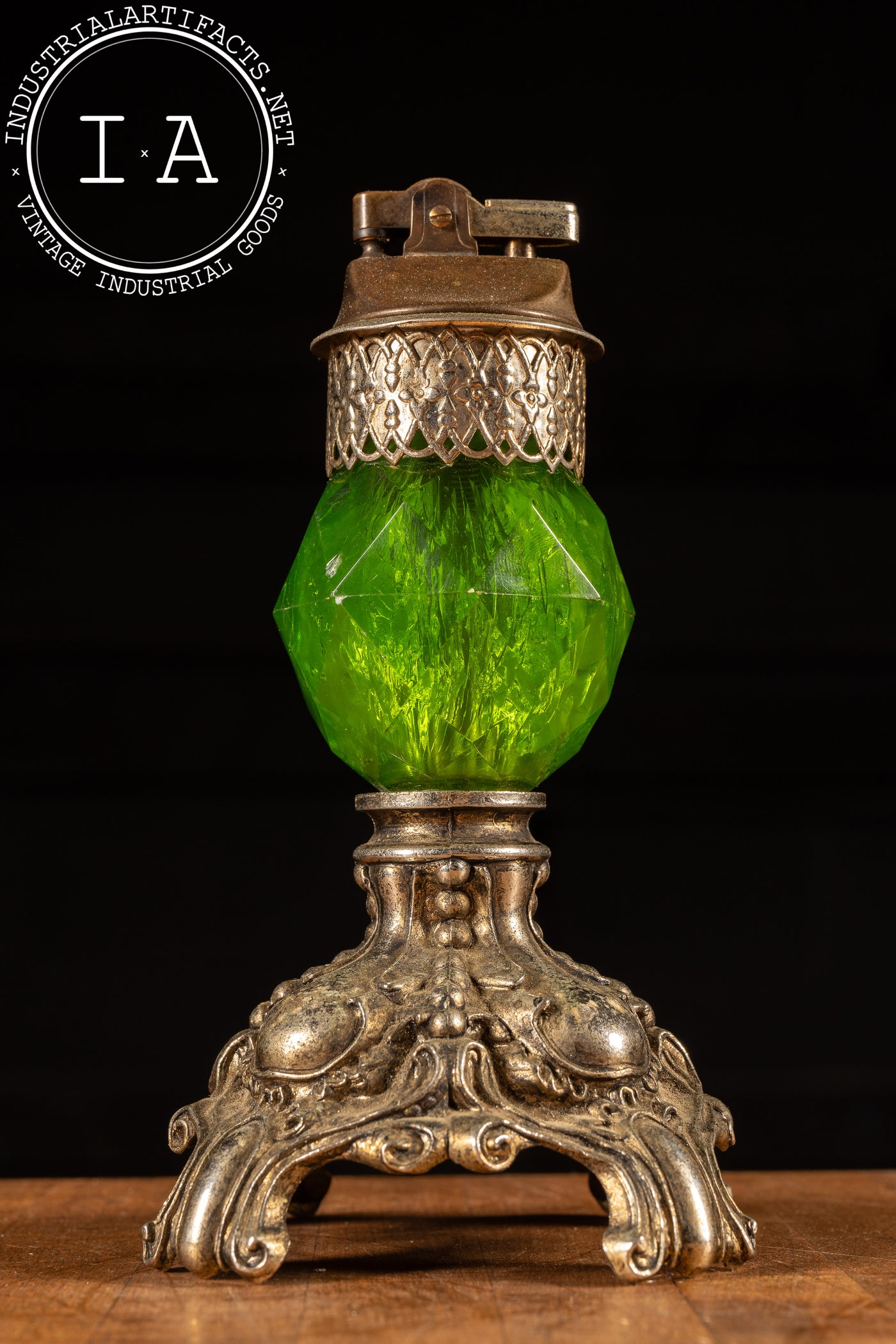 Hollywood Regency-Inspired Brass and Green Crystal Table Lighter