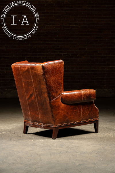 Pair of Wingback Leather Armchairs in Burnt Orange