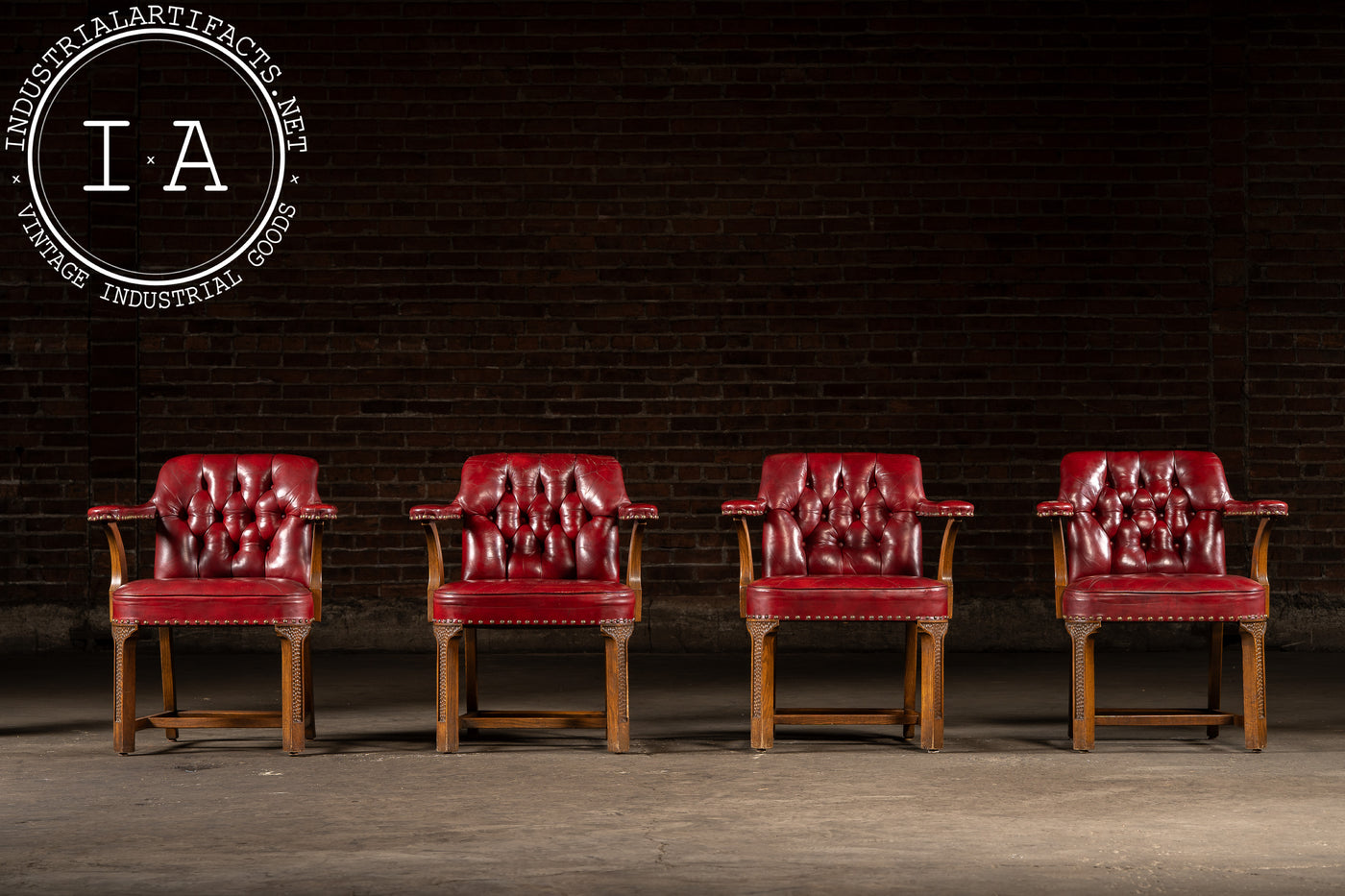 Set Of Four Tufted Leather Bankers Chairs in Red
