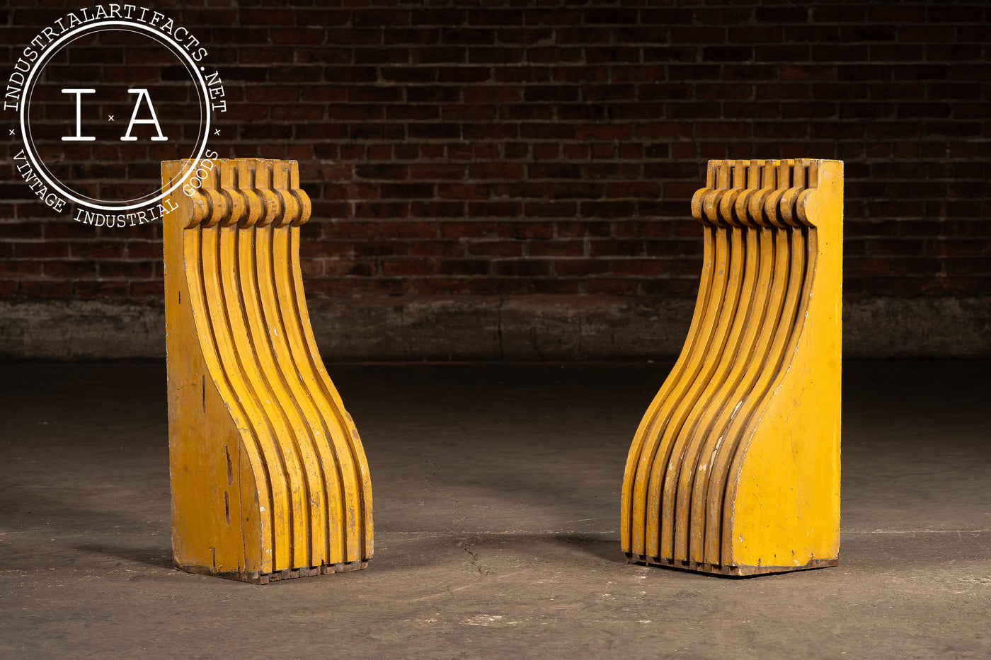 Set Of Two c. 1910 Craftsman Wooden Corbels In Mustard Yellow