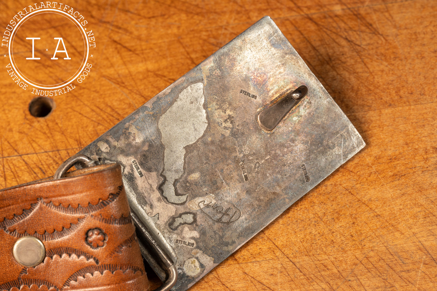 Vintage Embossed Leather Belt with Sterling and Agate Buckle