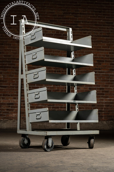Vintage Gray Industrial Tilt-Bin Cart with Five Adjustable Drawers on Casters