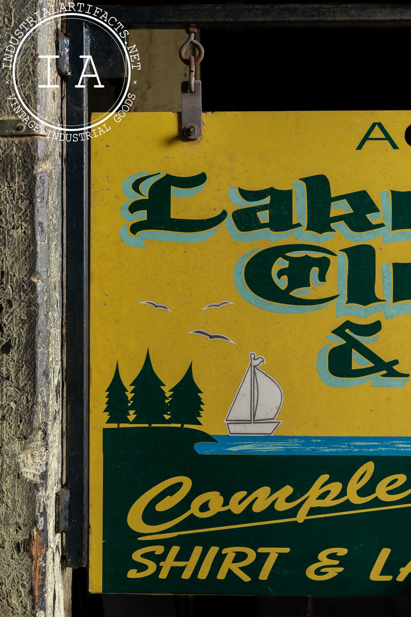 Vintage Lake Mills Cleaners Painted Tin Sign on Bracket