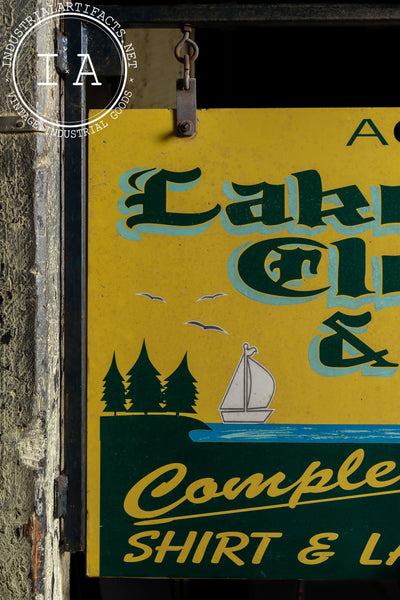 Vintage Lake Mills Cleaners Painted Tin Sign on Bracket