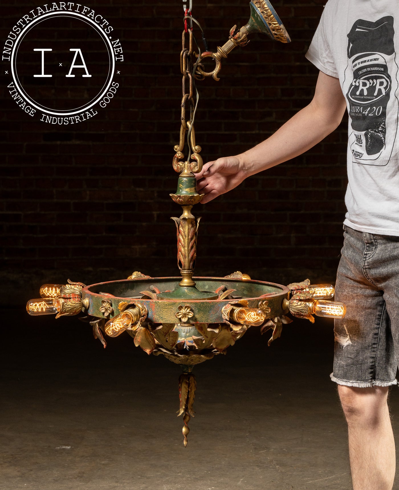 Mediterranean Revival Wrought Iron and Tole Circular Chandelier